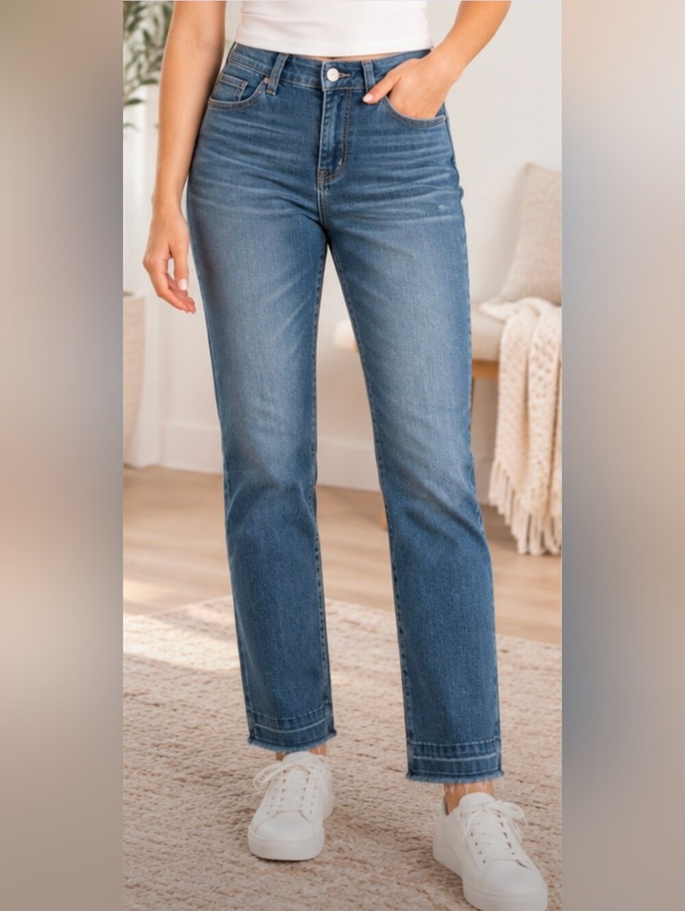 Democracy Ab Solution Jeans Size 10 Medium Wash Straight Leg Raw Hem Stretch
